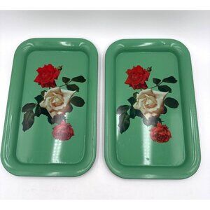 Two Vtg Jade Green Metal Serving or Lap Trays Floral Design of Red/White Roses